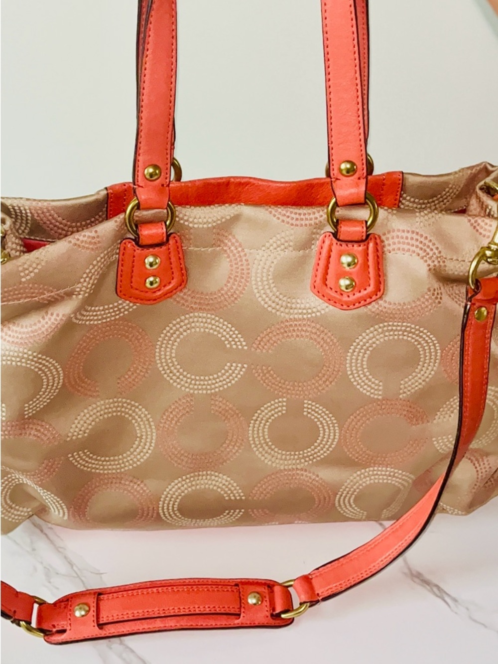 Coach Beige Signature Tote with Bright Orange Leather Trim - Picture 2 of 8